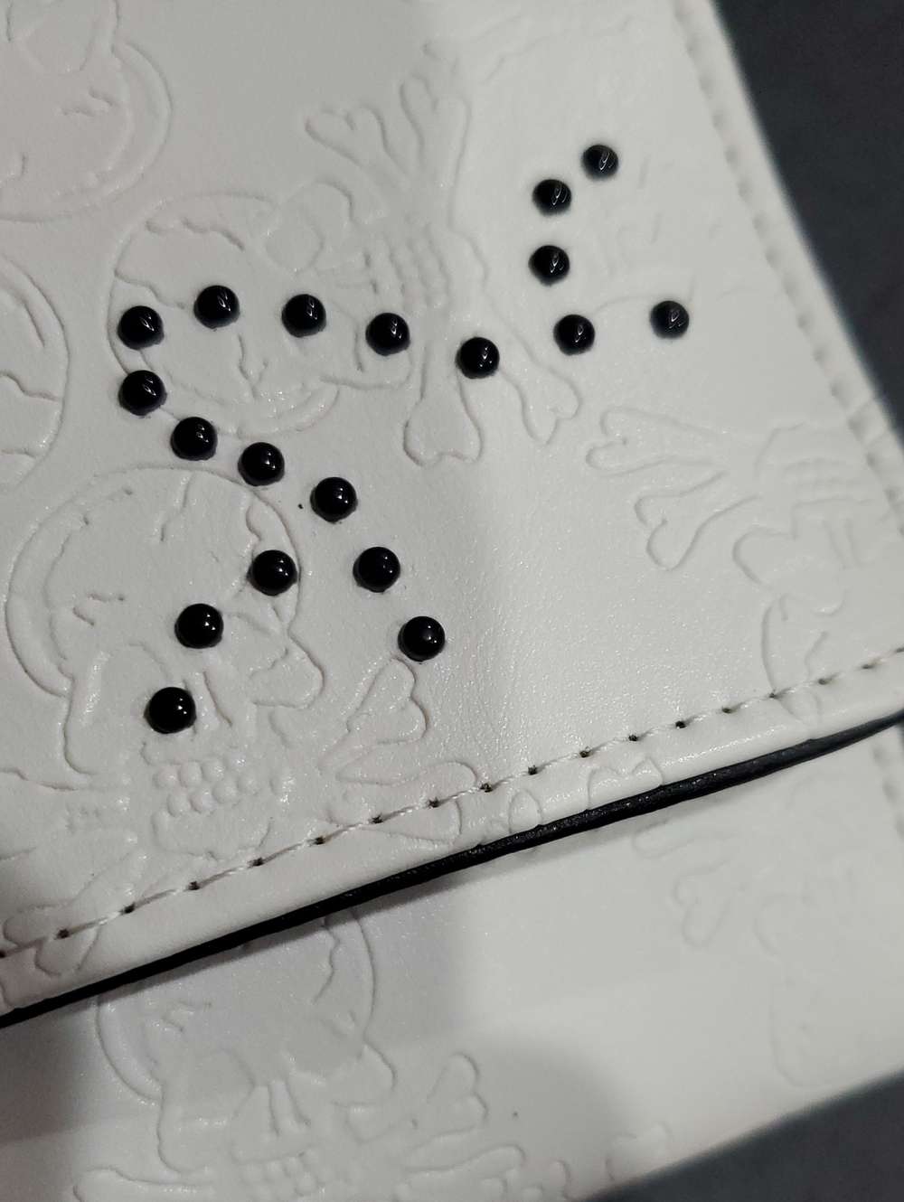 Ed Hardy white skull embossed EH monogram black studded long trifold wallet - Picture 3 of 14
